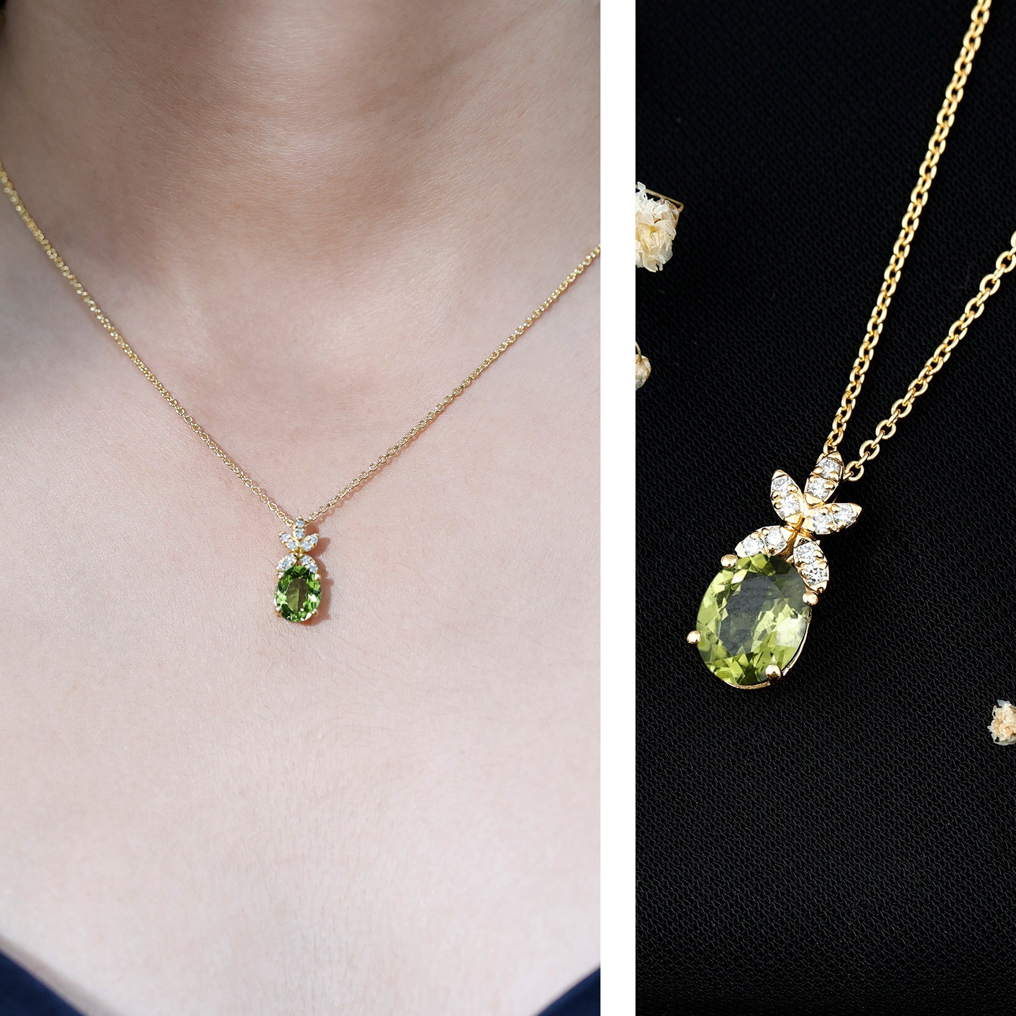 1.7 Carat Oval Peridot Diamond Flower Necklace for Women