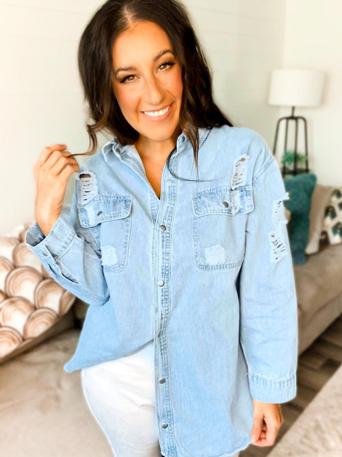 "Love Thy Haters xoxo" Distressed Denim Shacket